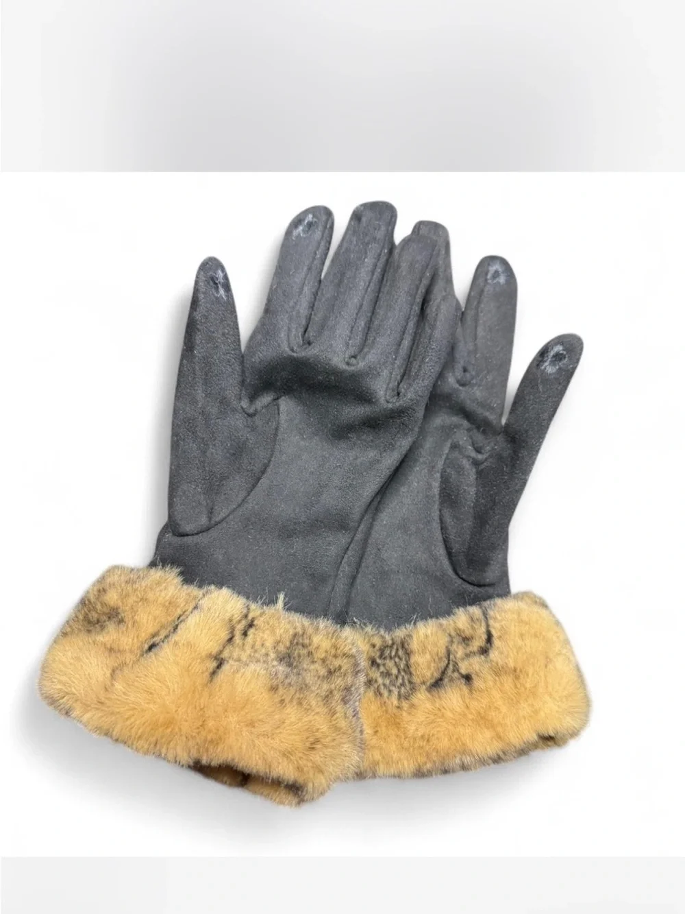 Black Faux Suede Gloves with Tan Faux Fur Cuff